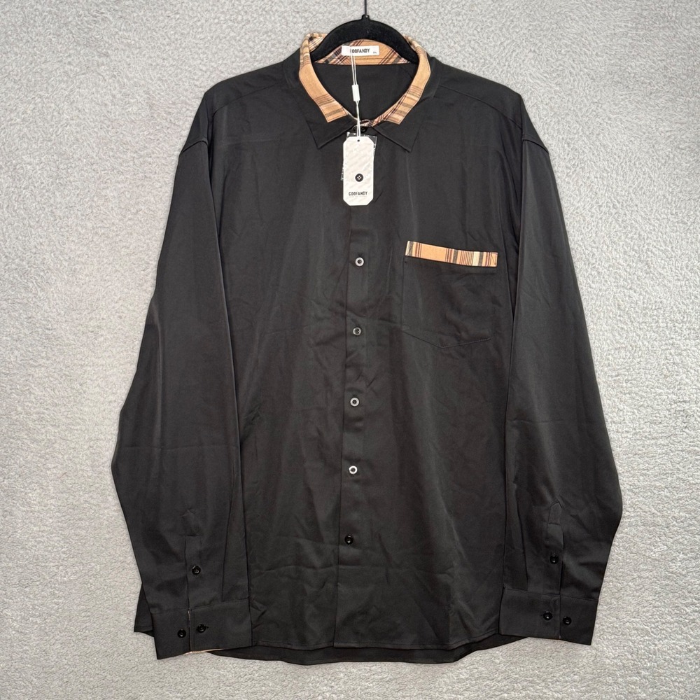 Coofandy Mens Black Button Down Shirt Plaid Contrast Collar Long Sleeve 2XL NEW